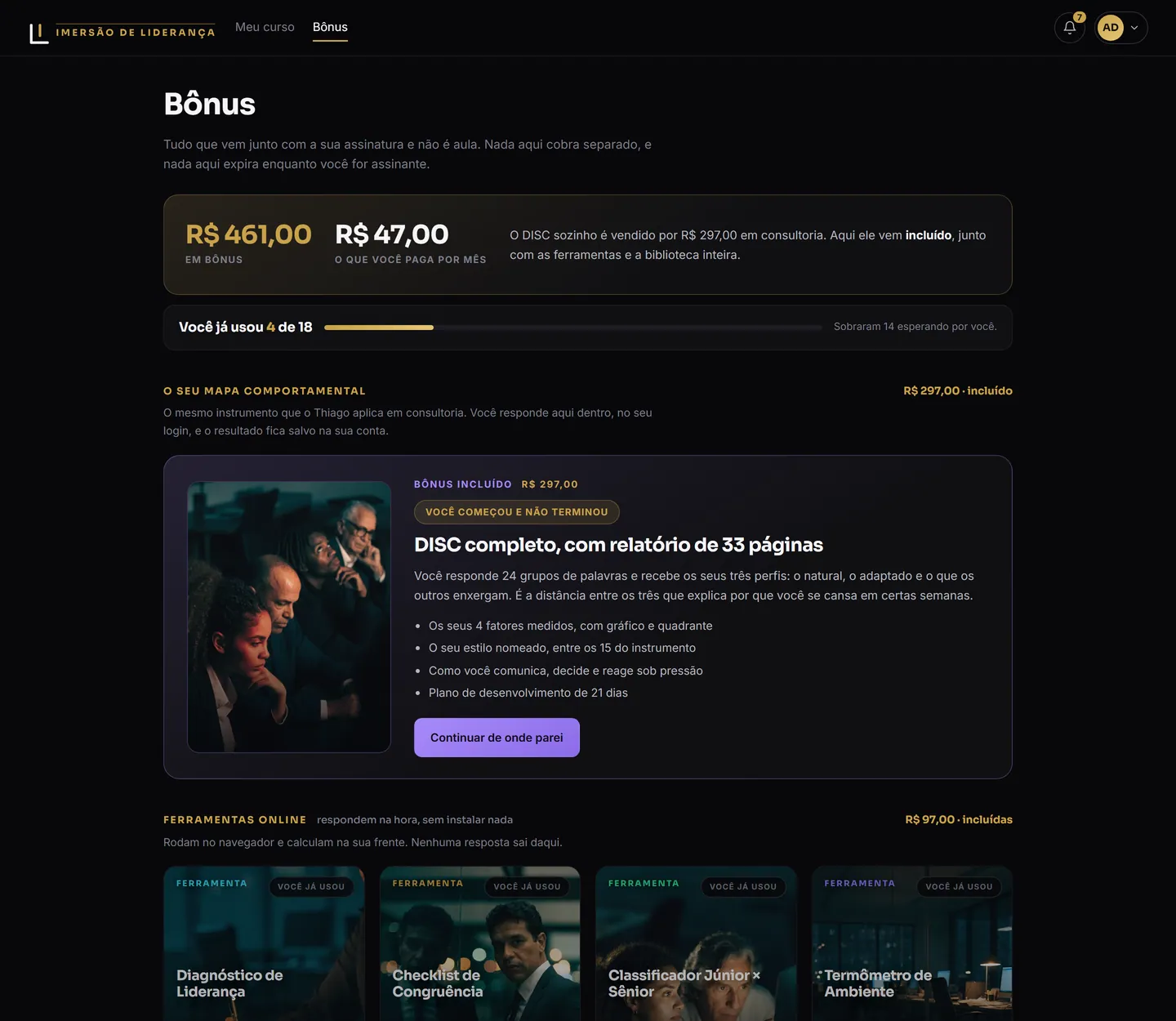 Seção de bônus com o DISC, as ferramentas e a biblioteca